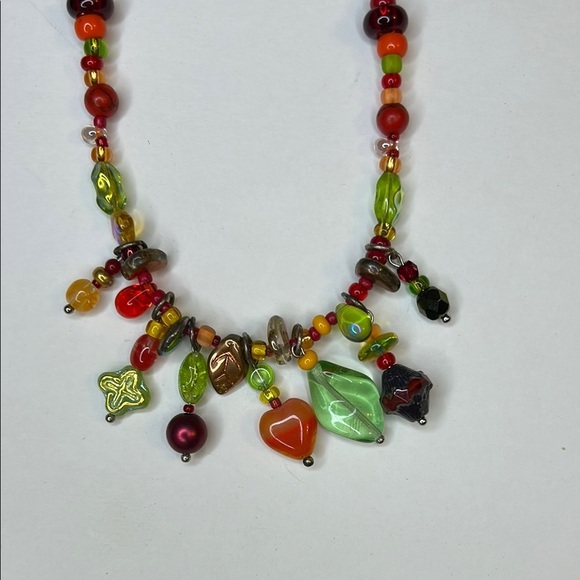 Colorful fall theme Beaded Necklace glass and acrylics orange red green yellow - Picture 2 of 5